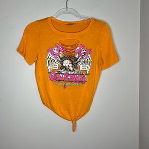 FASHION NOVA orange short sleeve cropped tee w/front knot, stressed cut outs